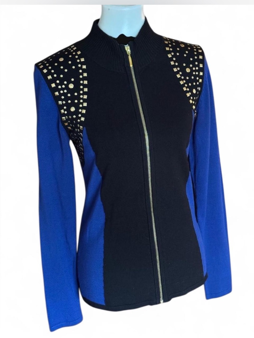 Fontana Arte Gold Studded Zip Up Royal Blue & Black Sweater Small